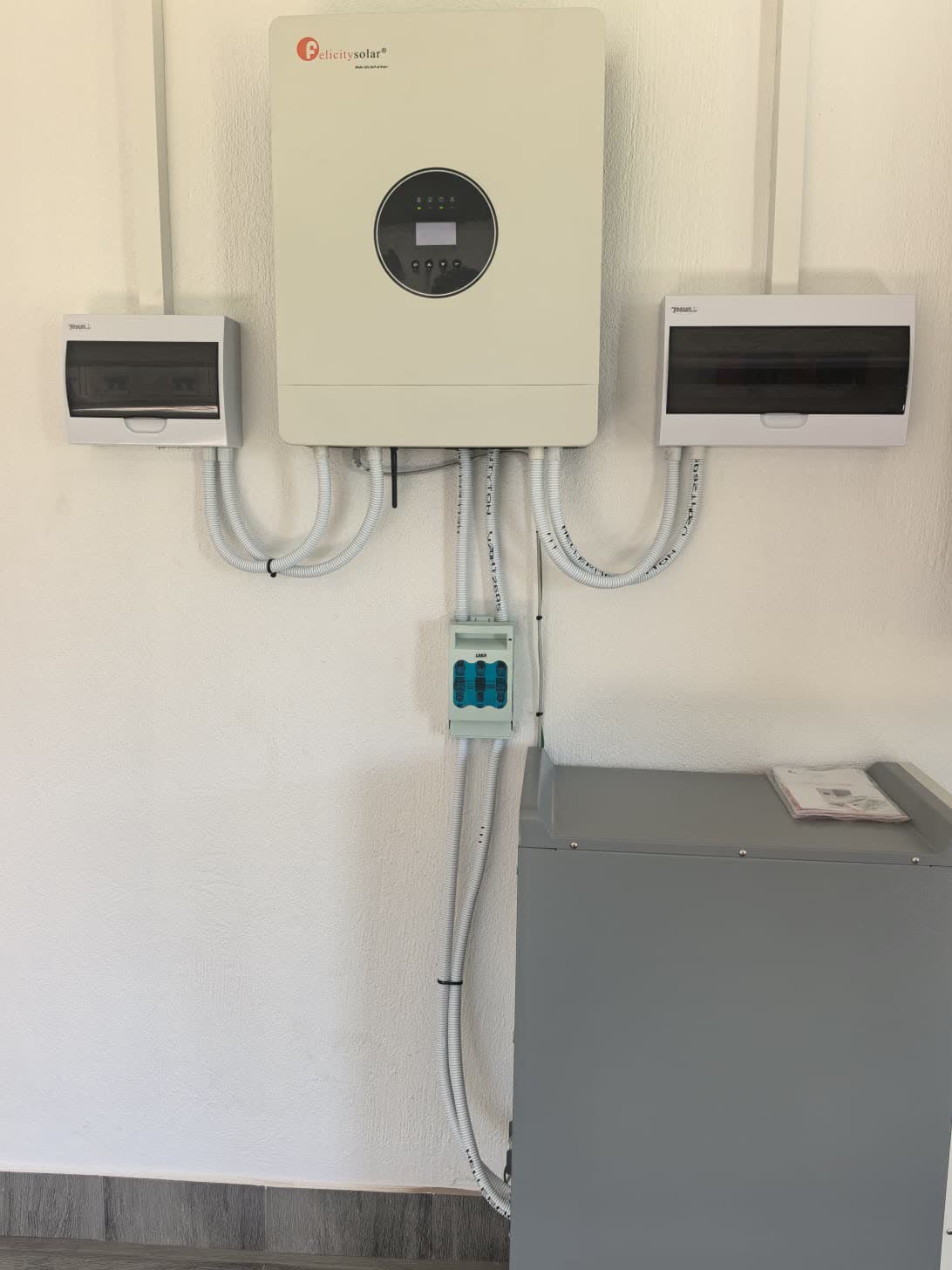 Wall-mounted solar inverter with distribution boards either side and neatly routed conduit